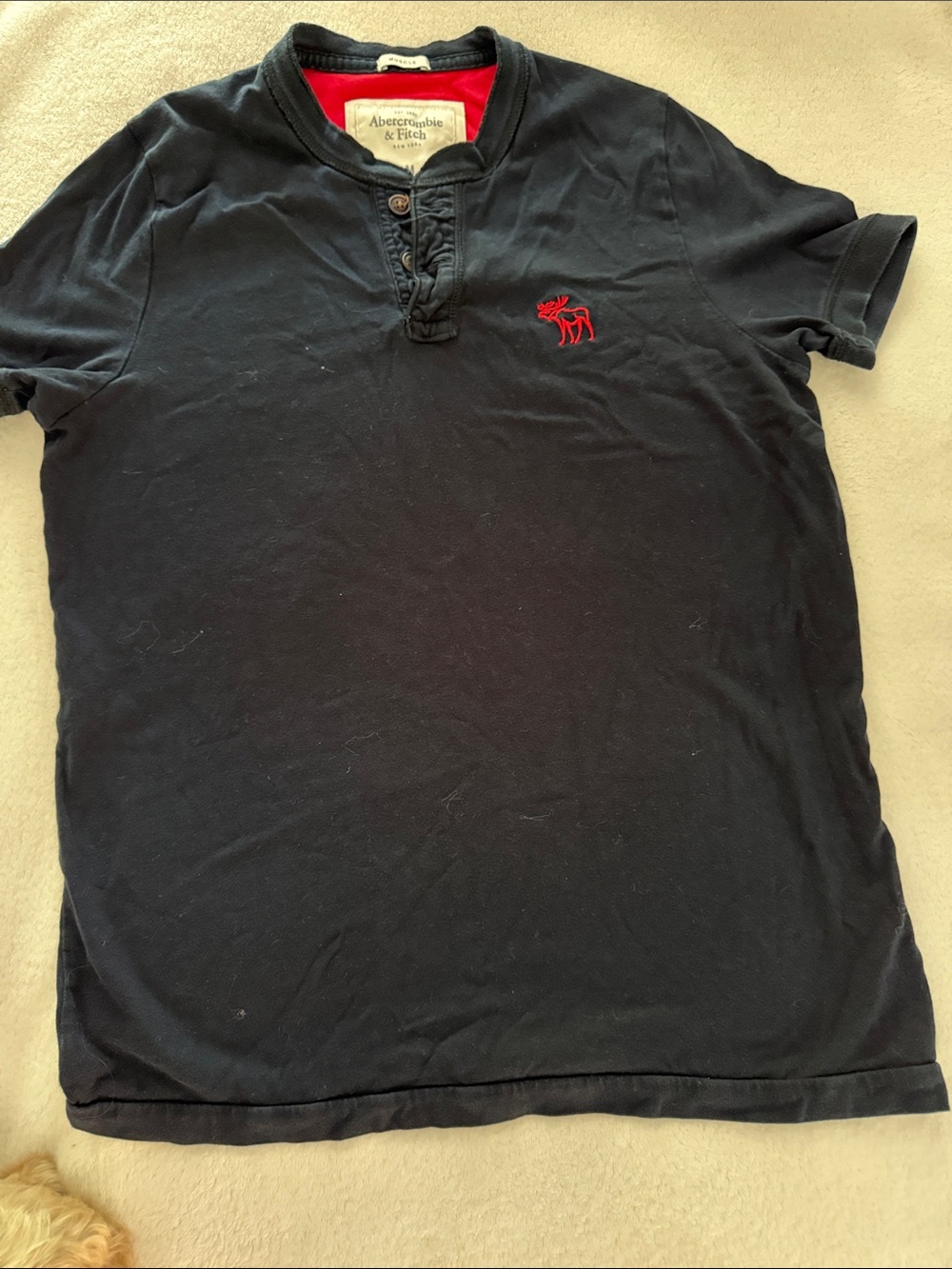 Abercrombie & Fitch Navy Short-Sleeve Henley with Red Logo